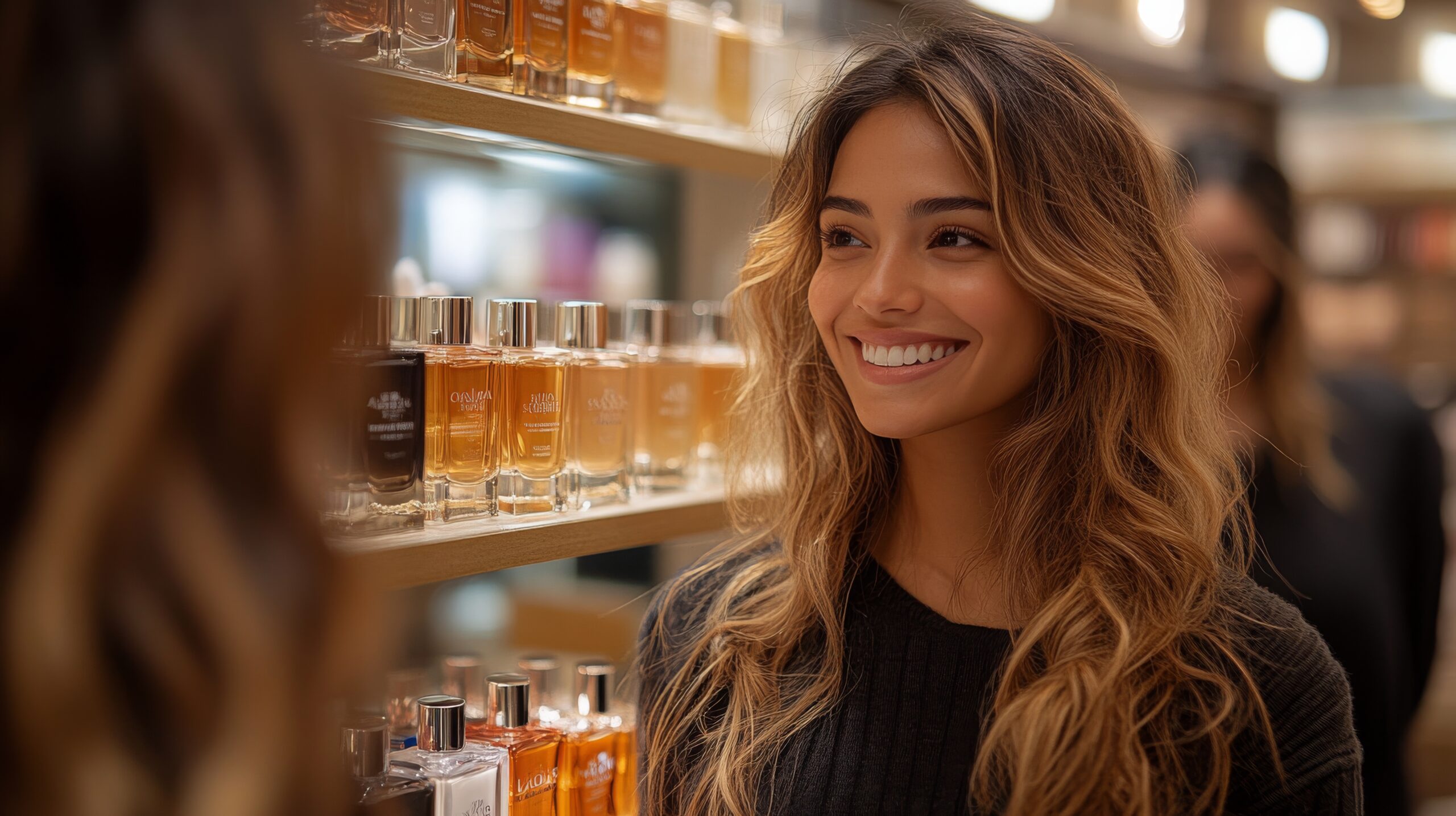 Hispanic female consultant assisting customers in a cosmetics store during a busy afternoon Hispanic female consultant assisting customers in a cosmetics store during a busy afternoon